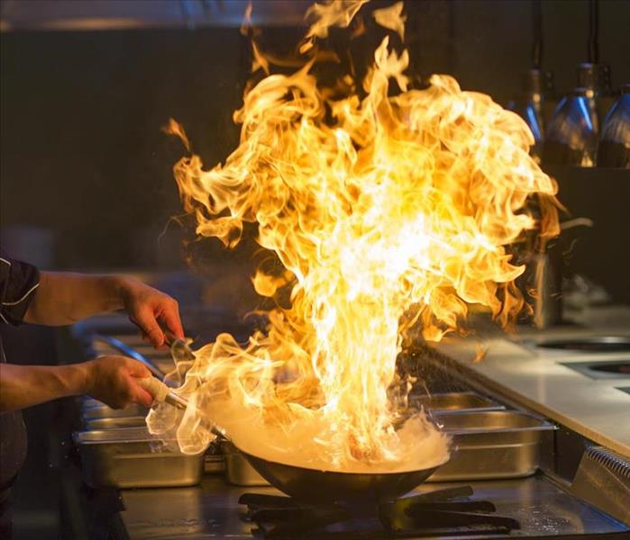 Huge flames rising from a pan.